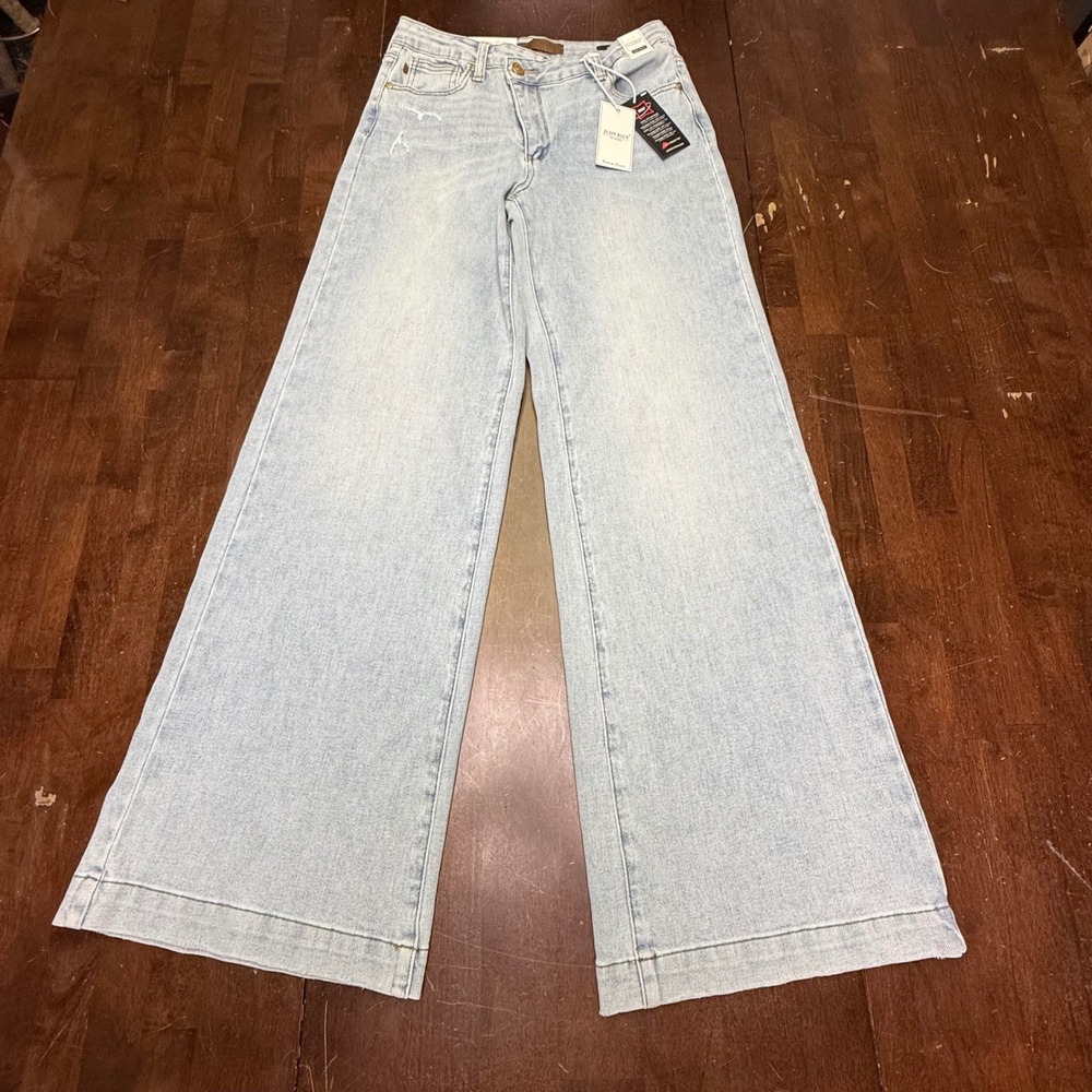 New Judy Blue Retro 29x32 Wide Leg Jeans Womens 5/27 Light Blue Distressed